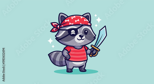 Cute Raccoon Pirate Character with Sword and Eye Patch.