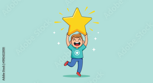 Happy Boy Holding a Big Golden Star.