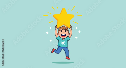 Happy Boy Jumping With Golden Star.