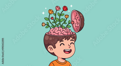 Happy boy with an open head and flowers growing from his brain symbolizing growth and positive thinking.