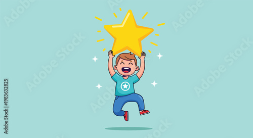 Happy boy jumping with a big golden star celebrating success and achievement.
