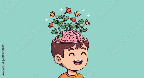 Happy boy with brain growing flowers representing mental health and growth.