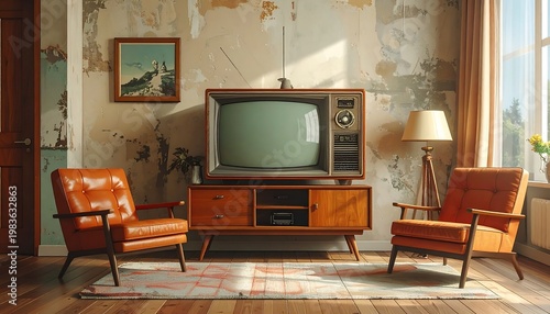 A vintage living room with a retro TV and two leather chairs