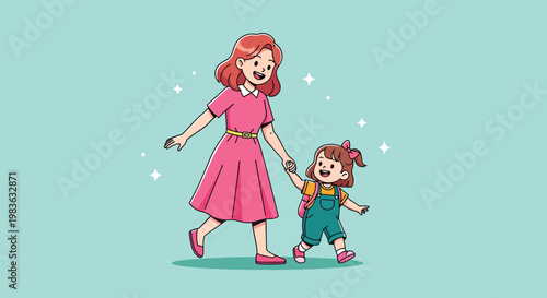 Mother and Daughter Walking Together Happily Vector.