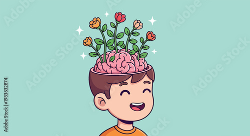 Illustration of a happy person with flowers growing from their brain.