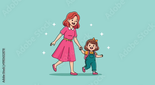 Mother and Daughter Walking Together Happily Vector Illustration.