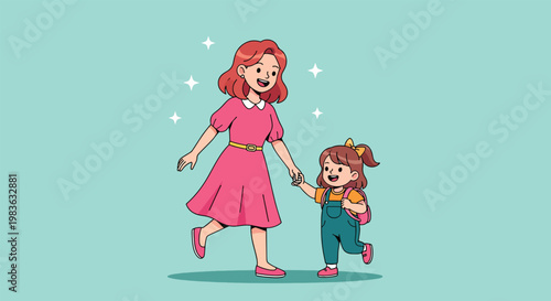 Mother and Daughter Walking Together Happily.