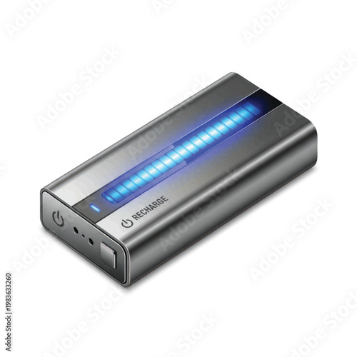 Compact portable power bank with blue LED indicator showing charging status and efficiency for on-the-go use.