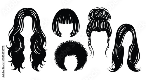 A stylistic collection showcases various black hair silhouettes displaying diverse lengths and textures in a modern presentation silhouette high quality professional detailed elegant stylish