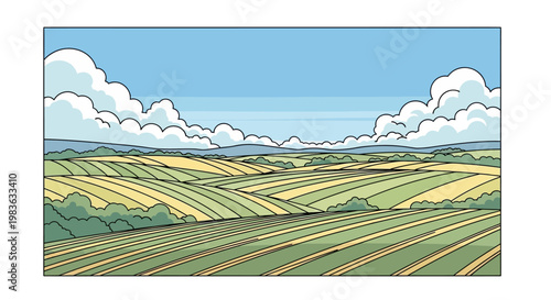 Rolling hills of green farmland landscape.