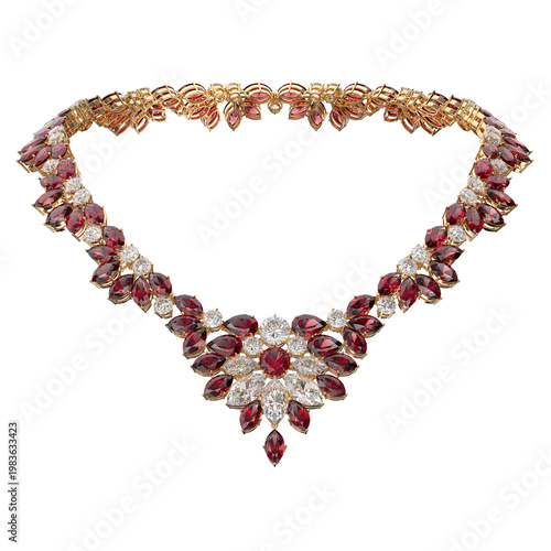 Luxurious necklace made of diamonds and rubies on an isolated transparent background. Jewelry showcase. 3d rendering.