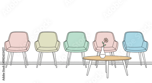 Colorful chairs in a row sitting.