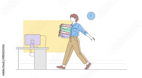 Man walking with stack of papers.