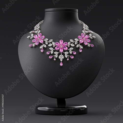 An elegant necklace of diamonds and rubellites in the shape of cherry blossoms on a leather bust stand. Frontal view. Jewelry showcase. 3d rendering.