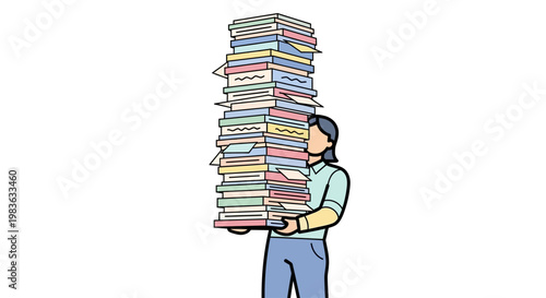 Man carrying a large stack books.
