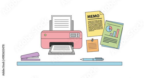 Pink office printer on a shelf.