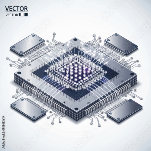 Isometric view of a layered microprocessor and surrounding circuitry highlighting advanced integrated chip design and silicon architecture.