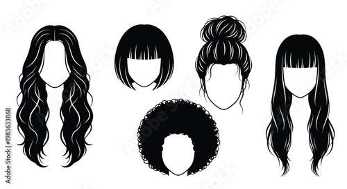 This image showcases diverse and stylish women s hairstyles ranging from long waves to neat buns presented as a striking silhouette high quality professional