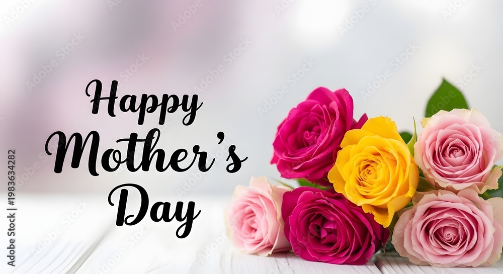 Fototapeta premium Happy Mother's Day floral bouquet with pink and yellow roses isolated on transparent background
