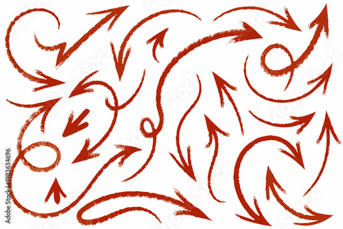 Dynamic composition of swirling reddish brown arrows and circular forms