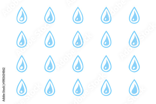 A collection of stylized blue raindrops on a stark black background