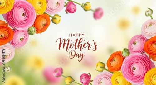 Happy mother's day ranunculus wreath background with pink orange yellow blooms for greeting card banner and spring celebration design