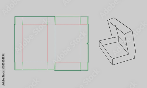 Technical drawing and 3d perspective view of a hinged rectangular box