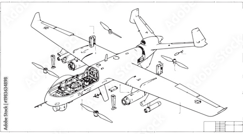 Technical vector line art illustration of a military unmanned aerial vehicle UAV drone in an exploded view schematic for aerospace engineering