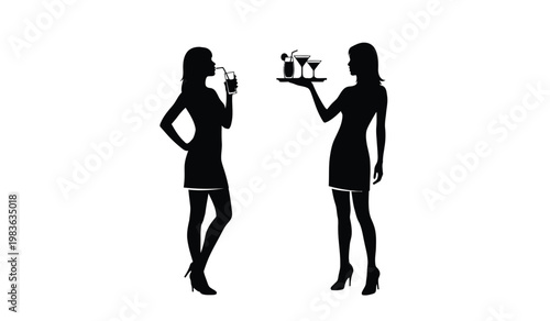 A striking black silhouette depicts a woman enjoying a drink while another offers cocktails on a tray creating a stylish scene silhouette high quality