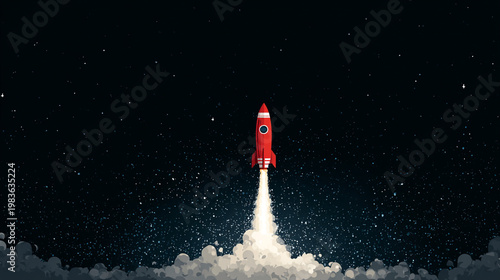 Red rocket blasting off into the starry night sky leaving a trail of smoke and fire below it