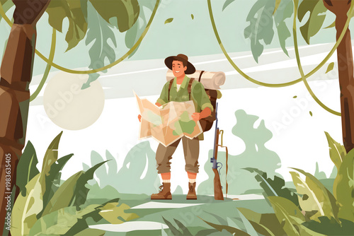 Adventurous Explorer with Map in Lush Jungle Setting