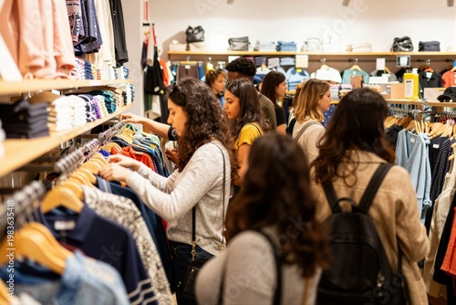 Shoppers browsing clothing racks inside busy retail store