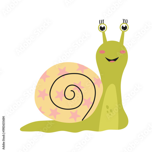 A snail with a beautiful yellow shell with a star pattern isolated on a white background. Vector flat illustration.