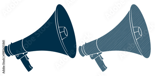 Two blue megaphones, one solid and one sketched, facing each other on a white background.