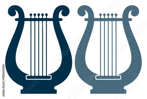 Lute icons, musical instrument symbols, blue vector lyres, harp illustrations