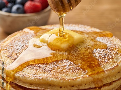 Extreme slow motion golden honey pouring on stack of fluffy pancakes with melting butter in studio food photography commercial