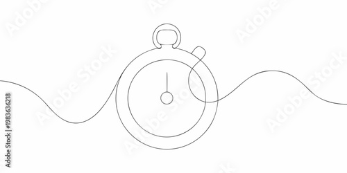 Minimalist continuous line drawing of a pocket watch with flowing lines