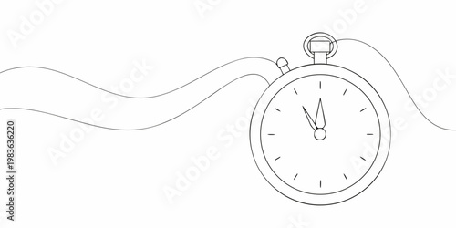 A minimalist line drawing depicts a vintage stopwatch with a chain