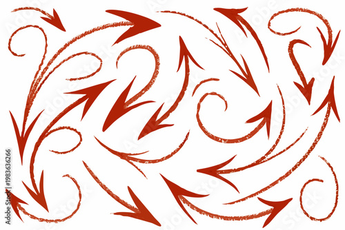 A flurry of terracotta colored arrows swirling across a white background