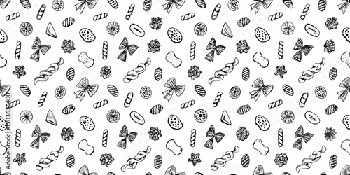 Intricate black and white illustration of various pasta shapes on white