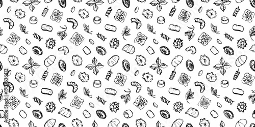 A whimsical repeating pattern of hand drawn pasta and floral shapes