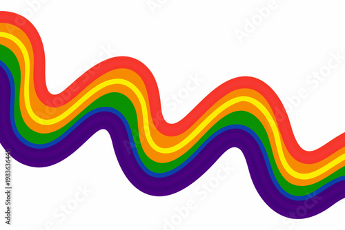 A vibrant colorful wave design stretches across a white background