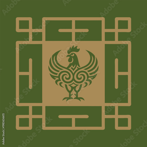 Intricate rooster illustration centered inside a decorative square frame with traditional style and elegant green tones