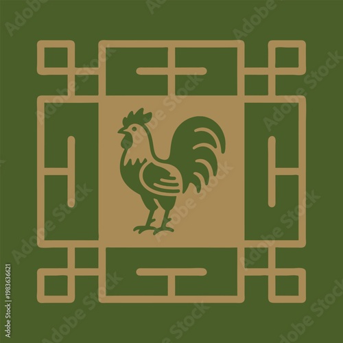 Minimalist chinese zodiac rooster icon centered inside a decorative square frame with olive green background