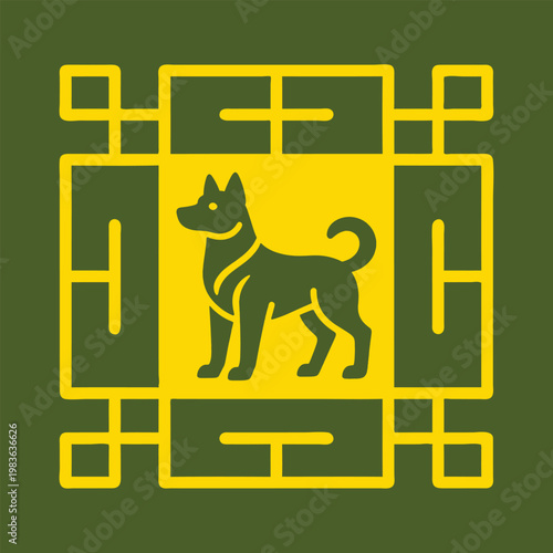Yellow dog silhouette framed by a geometric decorative border pattern on a dark green background