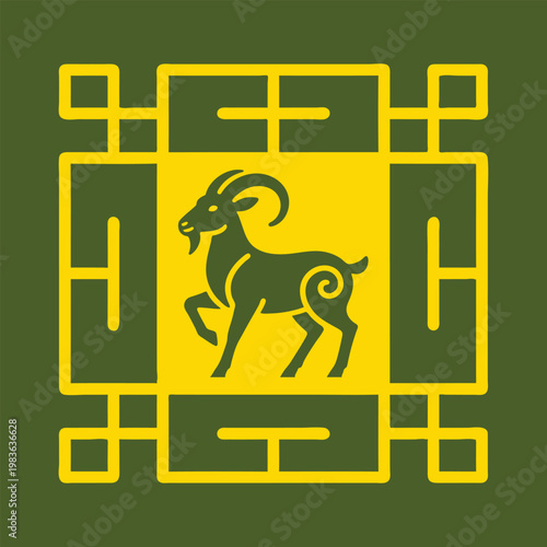 Stylized goat illustration centered within an intricate yellow square frame on a solid dark green background