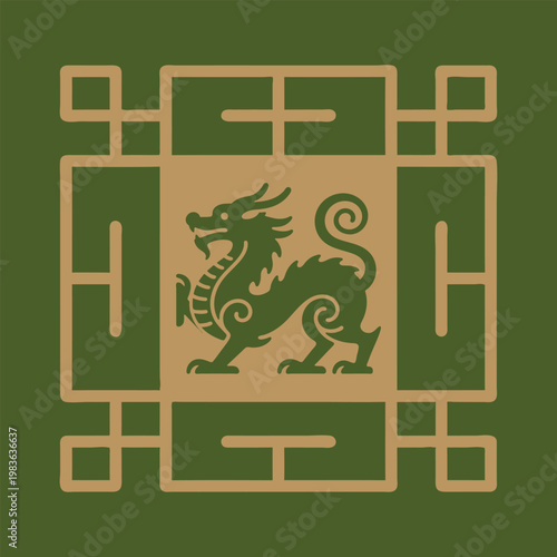 Traditional chinese style dragon illustration set within a geometric square frame for decorative artistic wall art