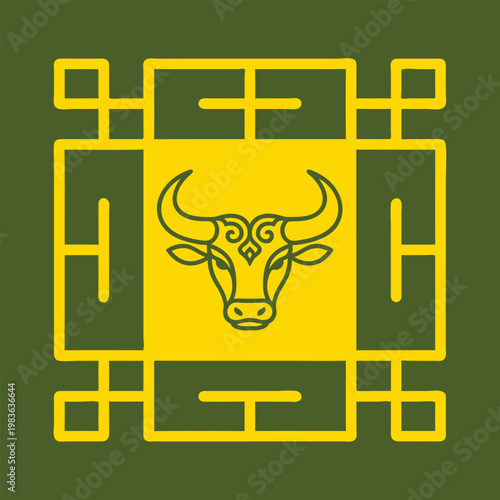 Stylized ox head icon framed within traditional geometric border design for lunar new year celebrations