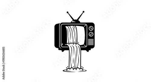 A black and white illustration of a vintage television with liquid pouring out.