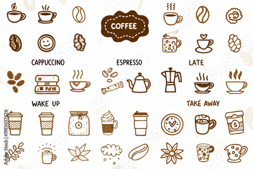 Collection of hand drawn coffee related doodles and illustrations